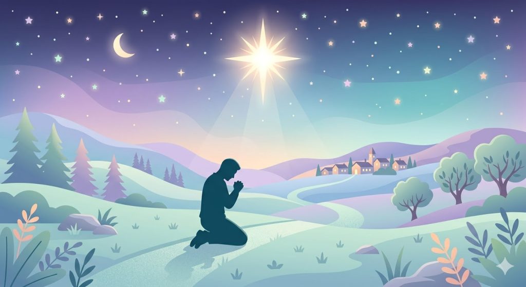 Primer Día: La Aparición de la Esperanza - una estrella brillante guiando una silueta en oración en un paisaje nocturno de tonos pastel